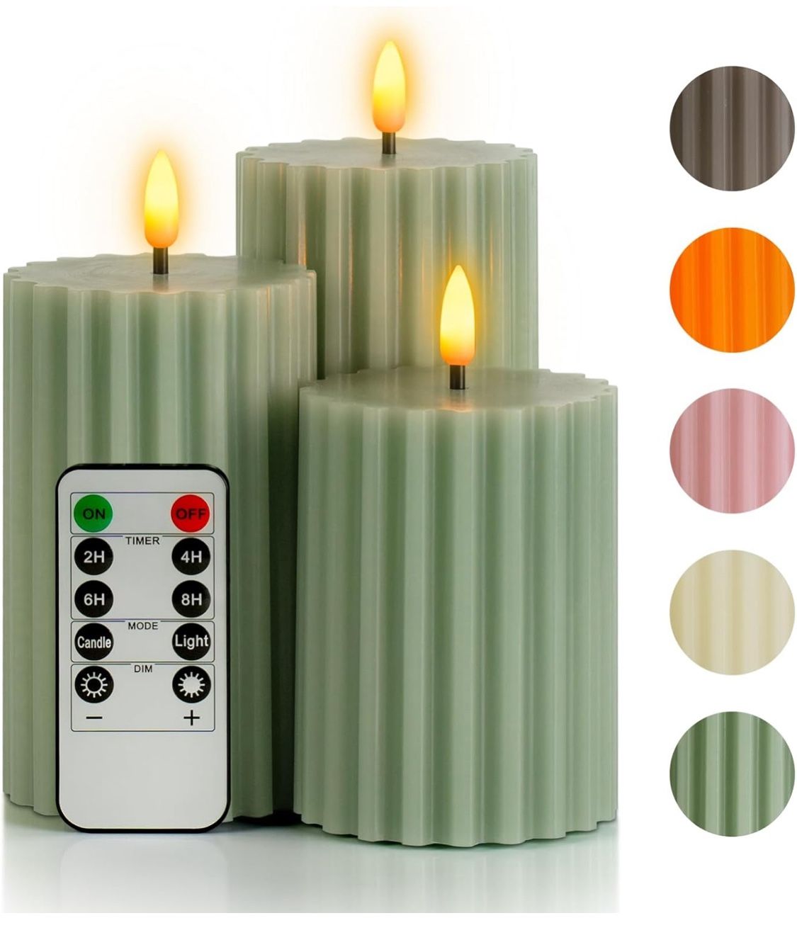 Flameless Pillar Candles Stripe Design with Remote Timer, Green LED Battery Operated Real Wax Candles Warm Light 3D Wick Flickering for Home Wedding C