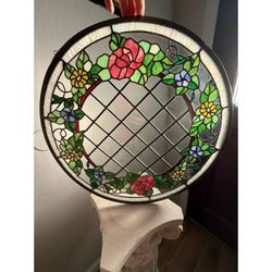 Stained Glass Window SunCatcher Flower Floral Wreath Round Tiffany Style