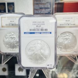 NGC Graded 1 Troy Oz. American Silver Eagles BU Mint State