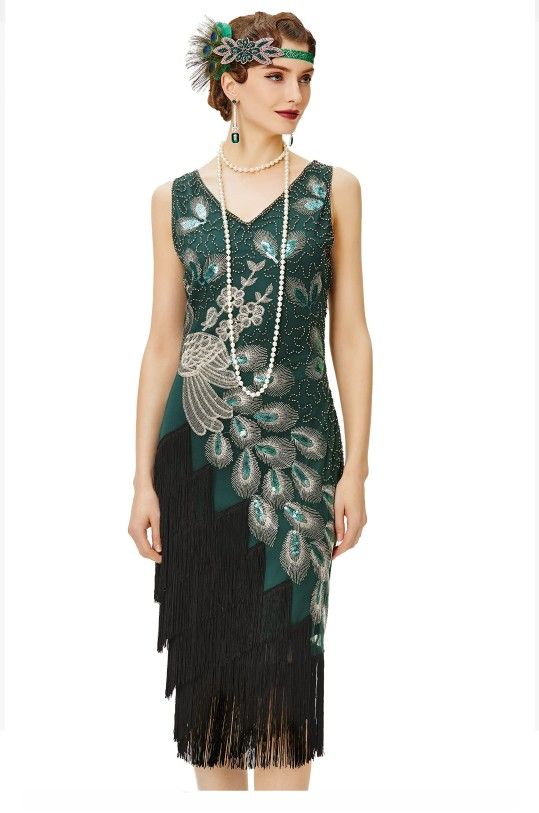 1920s Vintage Peacock Sequined Gatsby Fringed Flapper Roaring 20s Party Dress Size S