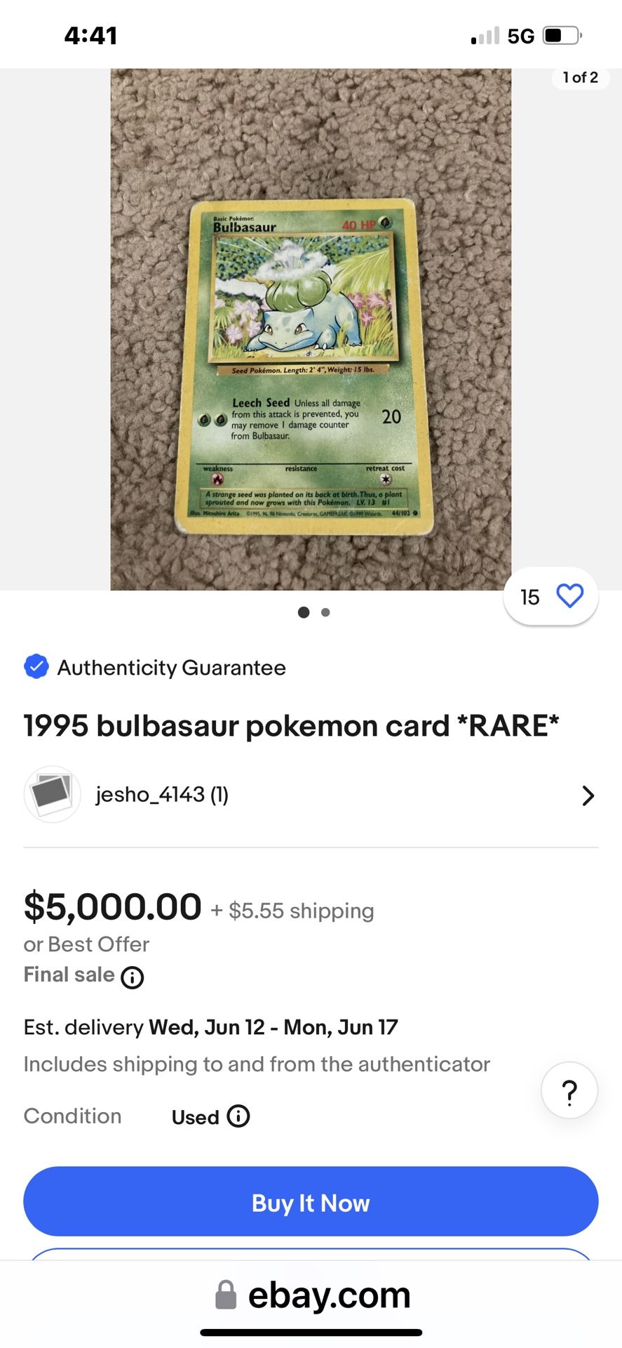 1995 Bulbasaur Pokémon Card *RARE*