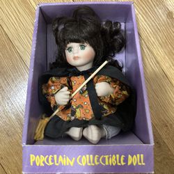 Vintage Rare Porcelain collectible Doll Witch Halloween Fall NEW IN BOX