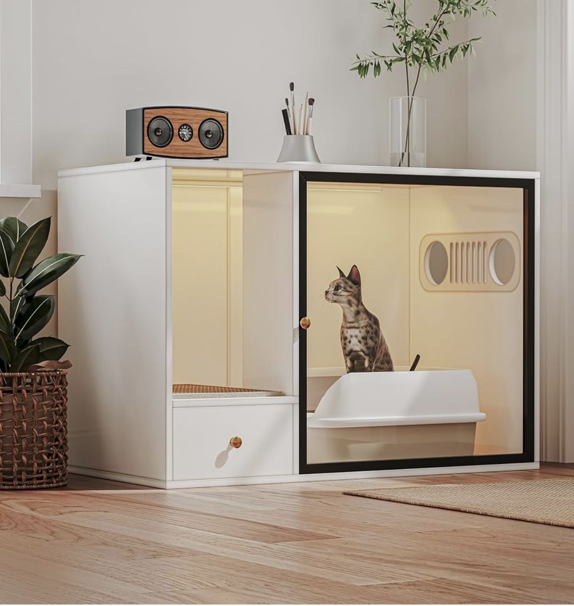 Cat Litter Box Enclosure Furniture Style, White Large Hidden Glass Door Kitty Cat Cabinet with Light and Storage Drawer, Fit Most of LitterBox (37.4" 