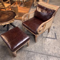 Brown Leather And Teak Rattan Armchair With Ottoman - Barracuda