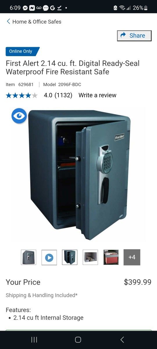 First Alert 2.14 cu. ft. Digital Ready-Seal Waterproof Fire Resistant Safe $300