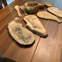 Nine piece olive wood, entertaining set.