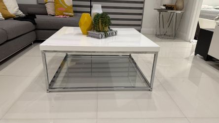 HIGH GLOSS COFFEE TABLE CHROME FRAME & TEMPERED GLASS