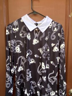 Black Cat Skeleton Print Collared Dress