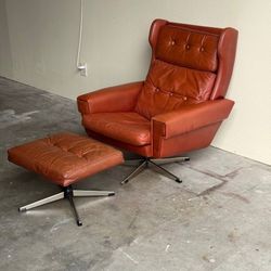 Danish MCM Leather Swivel Lounge Chair & Ottoman — Real Leather 1960s Scandinavian Design