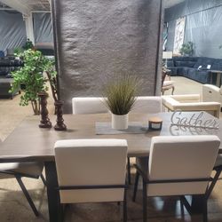 Beautiful 6 Pc Dining Set With 6 White Fabric Chairs (New)