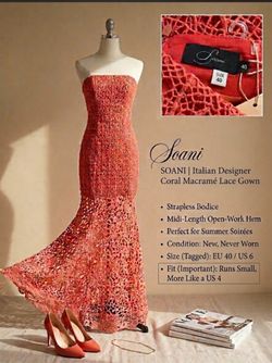 SOANI Italian Designer Coral Macramé Lace Gown
