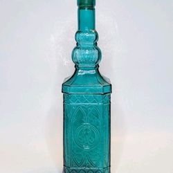 Vintage Teal Glass Apothecary Bottle, Decanter 12" Decorative Bottle, Embossed