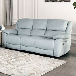💎POWDER BLUE LEATHER MATCH SOFA MANUAL RECLINER COUCH💎