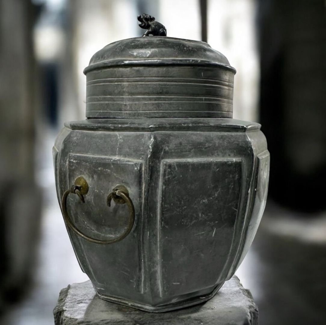 Rare Antique Chinese Pewter Tea Caddy Jar with Foo Dog Finial, Octagonal Form