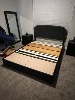 Queen Bed Frame - Black Upholstered Bed Frame with Nailhead Headboard