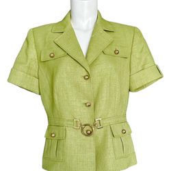 Tahari Arthur S. Levine Women’s Green Belted Textured Button-Up Blouse Size 10P