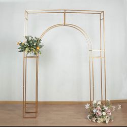 Heavy Duty Gold Metal 3D Rectangular Wedding Arch, Floral Balloon Frame Backdrop Stand - 8ft