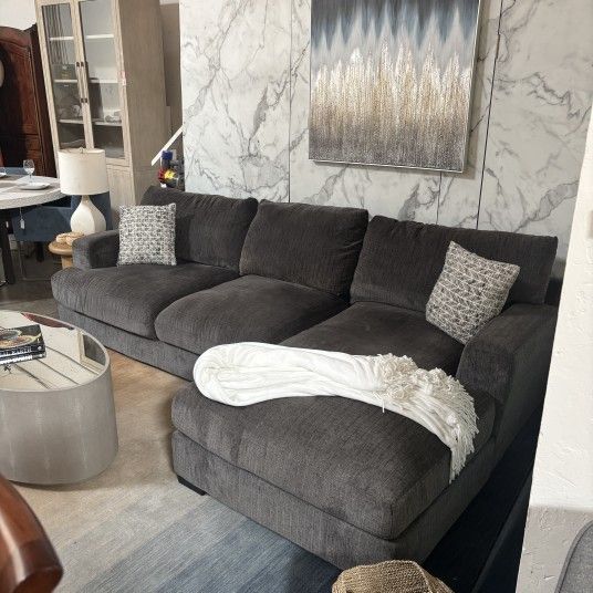 Plush Gray Sectional Sofa With Chaise- Deep Seat, Modern Style