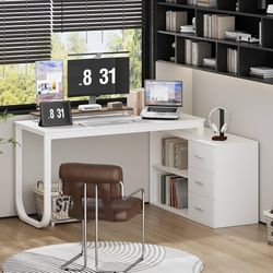 White L Shaped Office Desk with 3 Drawers & 2 Shelves, 55 Inch Reversible Corner Computer Desk, Home Office Executive Writing Sturdy Desk with Metal L