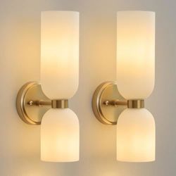 Mid Century Wall Sconces Set of 2 – Brushed Gold Frosted Glass Dimmable