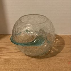 Crackle glass candle/fish round ball With applied Blue Swirl 6” x 9”  A19