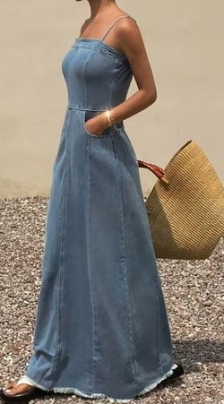 New Elegant Vintage washed Denim Long Suspender Dress - Women's Medium