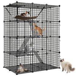 New Pet Cage 4-Tier Pet Enclosure with Hammock Indoor Outdoor Cat Crate Black