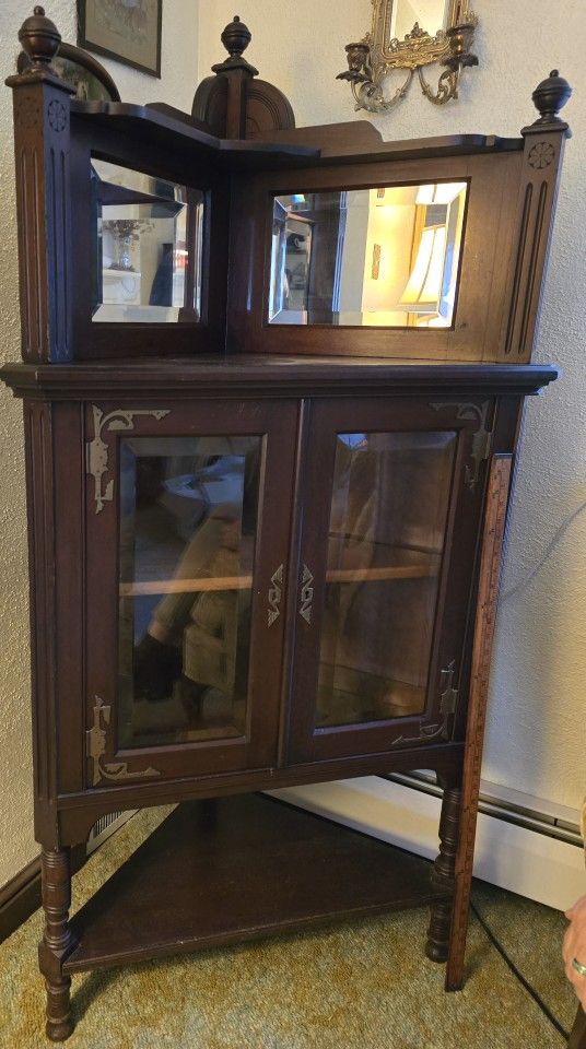 Rare Victorian Style Corner Cabinet Glass With Shelves And MIRROR 