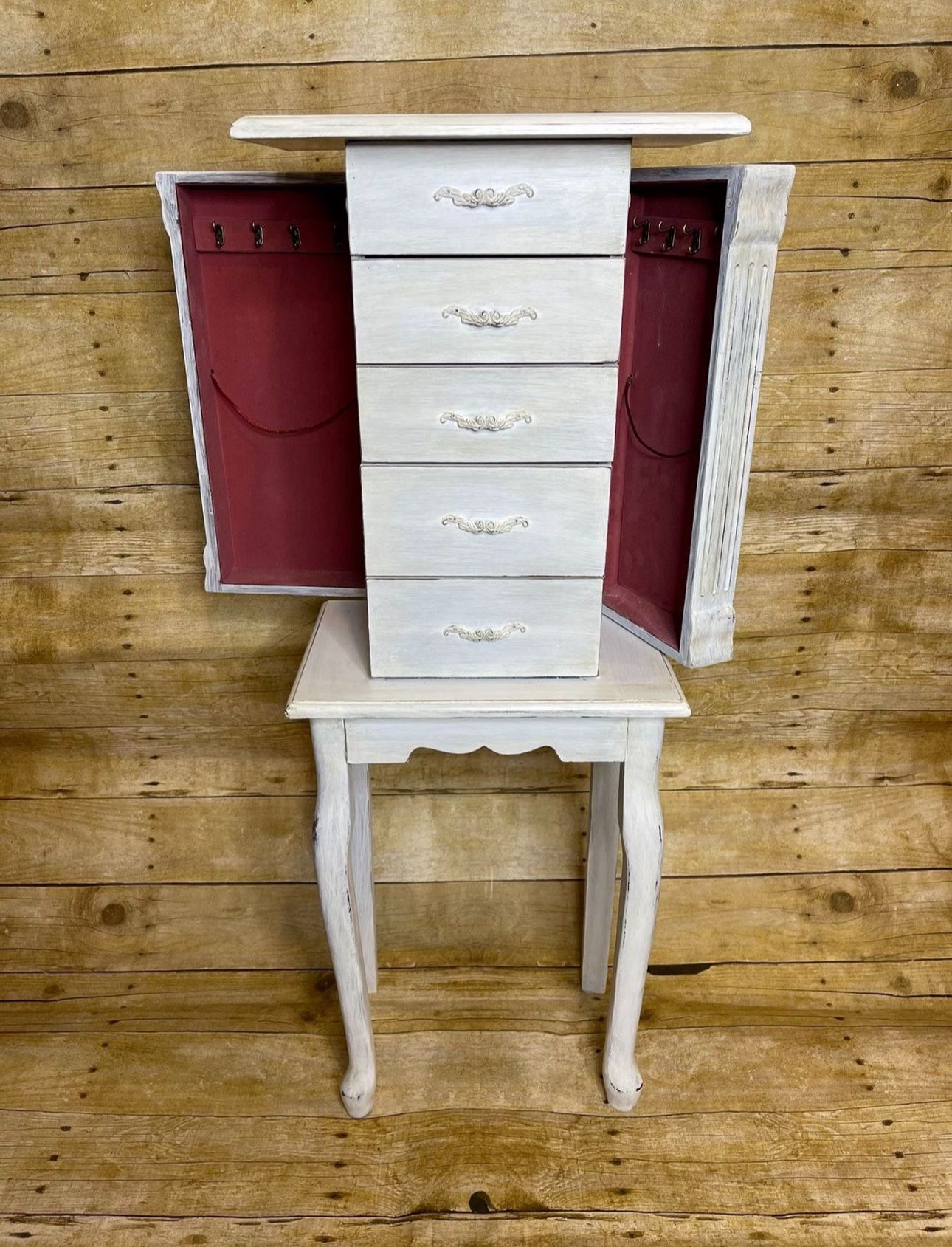 French Farmhouse Repainted Distressed White Jewelry Armoire Box Organizer