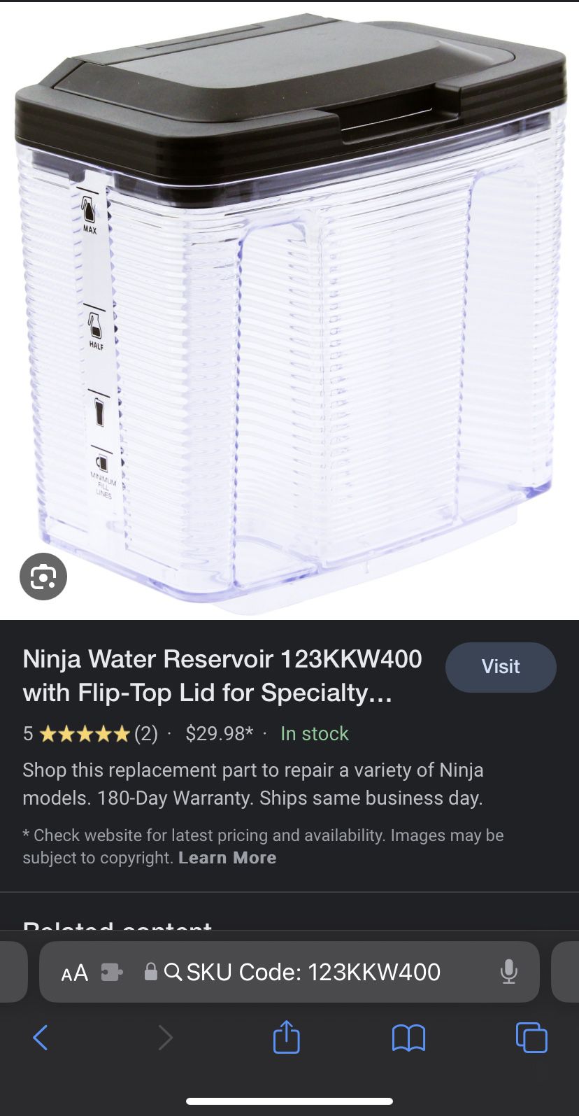 Ninja Water Reservoir 123KKW400 with Flip-Top Lid for Specialty