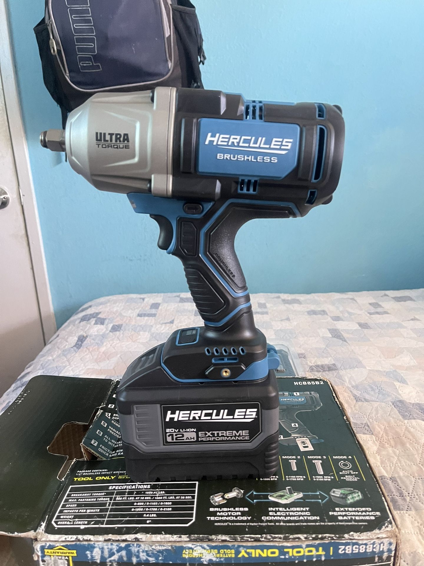 HERCULES 20V Brushless Cordless 1/2”ULTRA TORQUE Impact Wrench With 2 Batteries And Charger.