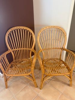 Rattan Armchairs with Striped Cushions – Set of 2