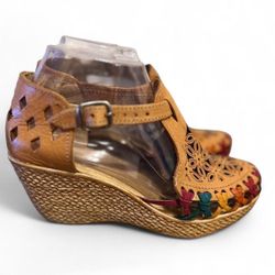 Authentic Handmade Leather Embroidered Wedge Sandals - Mexican Huarache Style