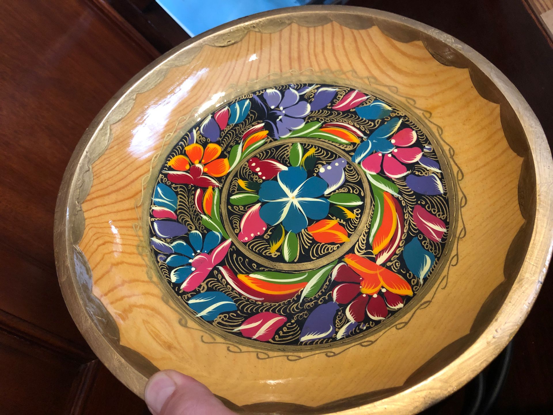 Decorated Wood fruit bowl with medal stand