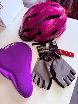 Youth bike helmet, new gloves, gel cushion seat cover
