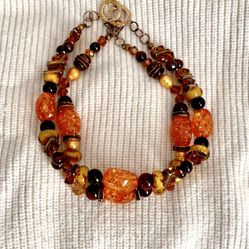 Vintage Amber & Gold Tone Glass Beaded  Necklace 