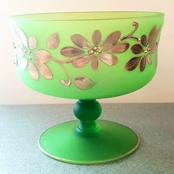 Vintage Frosted Green Glass Dish Vase With Gold Flower  Accent 