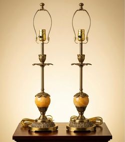 Vintage Brass & Faux Onyx Alabaster Table Lamps - Pair (Heavy / No Shades)