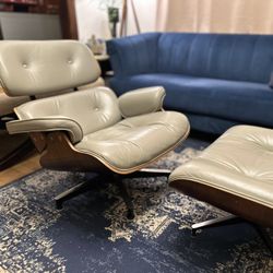 Eames Style Chair With Ottoman  (Walnut Color Leather)