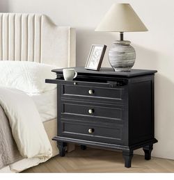 Farmhouse 3 Drawer Nightstand with Tray, Drawer Organizer with Solid Wood Legs, Nightstand with Charging Station(Black)