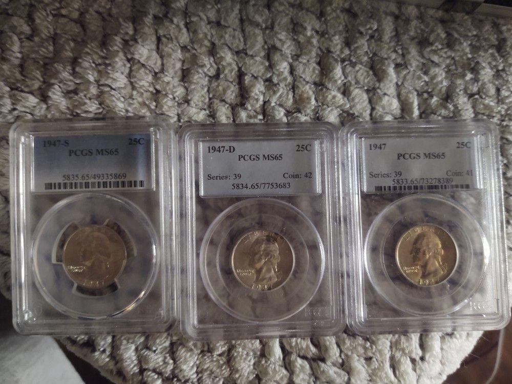 Complete 1947 Mint Mark Set Of Washington Quarters Certified MS 65
