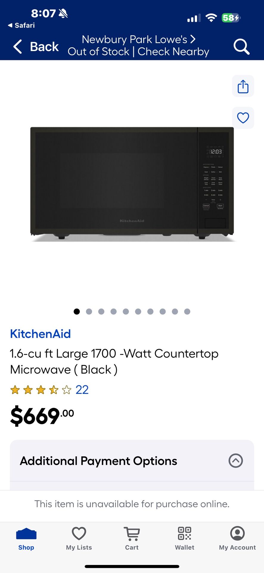 NEW IN BOX KITCHEN AID 24” BLACK COUNTERTOP MICROWAVE 1700 Watts 1.6 cuft.