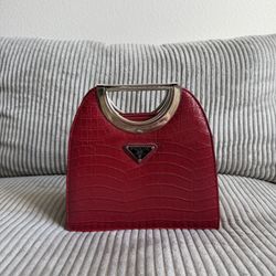 Red Faux Leather Purse With Metal Handles