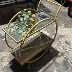Gold Metal And Glass Mirrored Rolling Bar/table