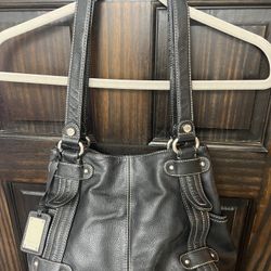 Tignanello Shoulder Black Pebble Leather Handbag Magnetic Snap Closure