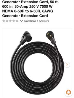 Generator Extension Cord, 50 ft. 600 in. 30-Amp 250 V 7500 W NEMA 6-50P to 6-50R, 8AWG Generator Extension Cord

$80