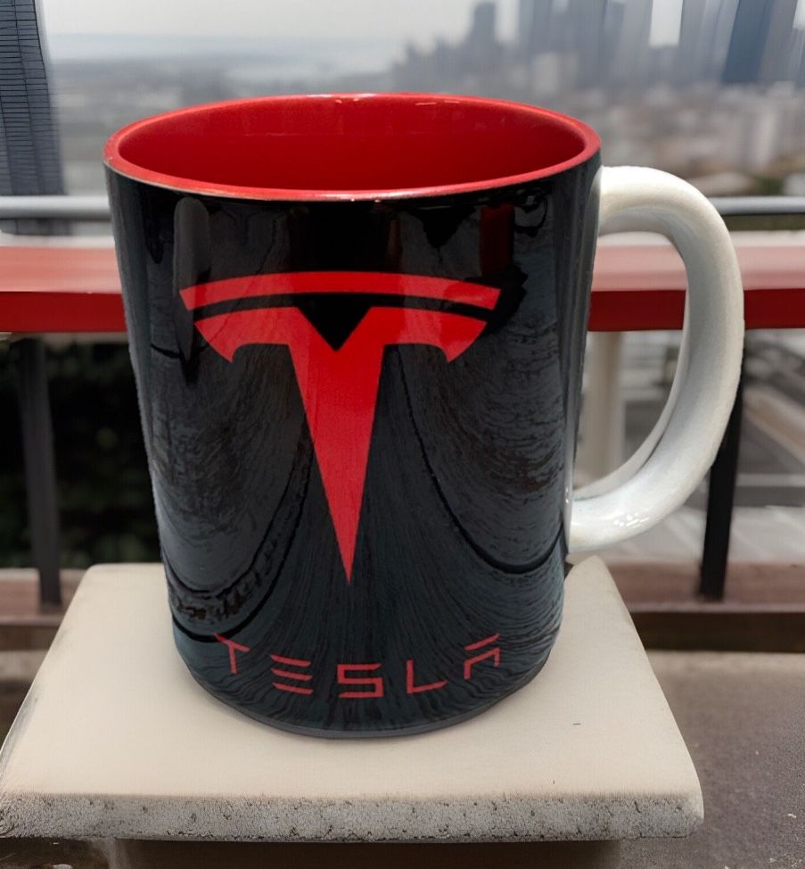 TESLA Coffee Mug - Black, Red Logo Both Sides (11 oz) White Handle Rare HTF