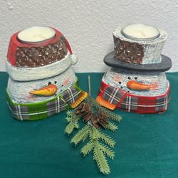 Set Of Snowman Tea Light Holders / Mixed Materials 