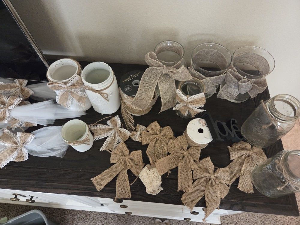Wedding Mason Jars, Burlap, Twine, Tule With Bows, & Fairy Lights