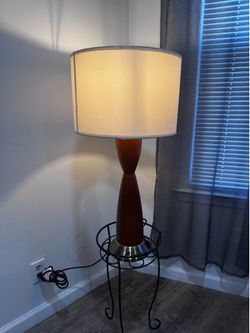 Modern Brown Table Lamp with Wooden Base, Drum Shade, Power Outlet, Warm White